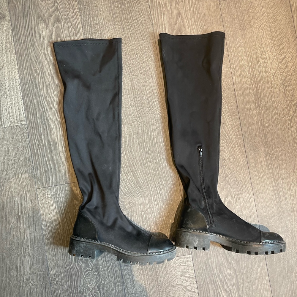Zara neoprene Black Over-the-Knee lug sole Boots
